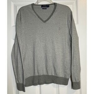 Polo Ralph Lauren Men's V Neck Sweater Pima Cotton Herringbone Pattern Gray M